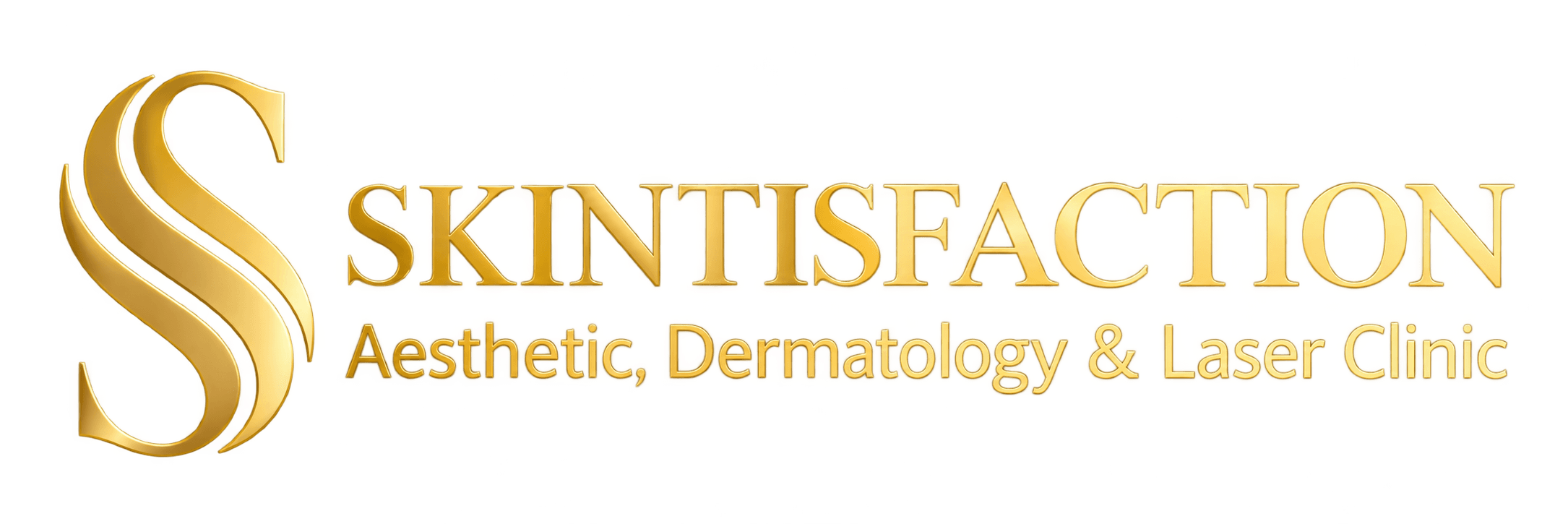 Gold Skintisfaction aesthetic dermatology and laser clinic logo on black background.