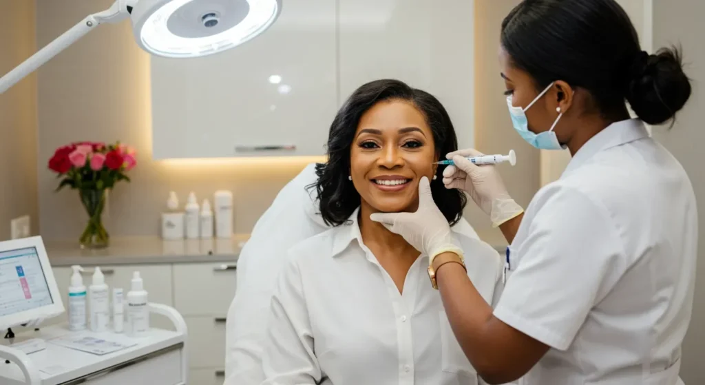 Botox In Lagos Treatment With A Professional Practitioner And Satisfied Client In A Modern, Relaxing Setting.