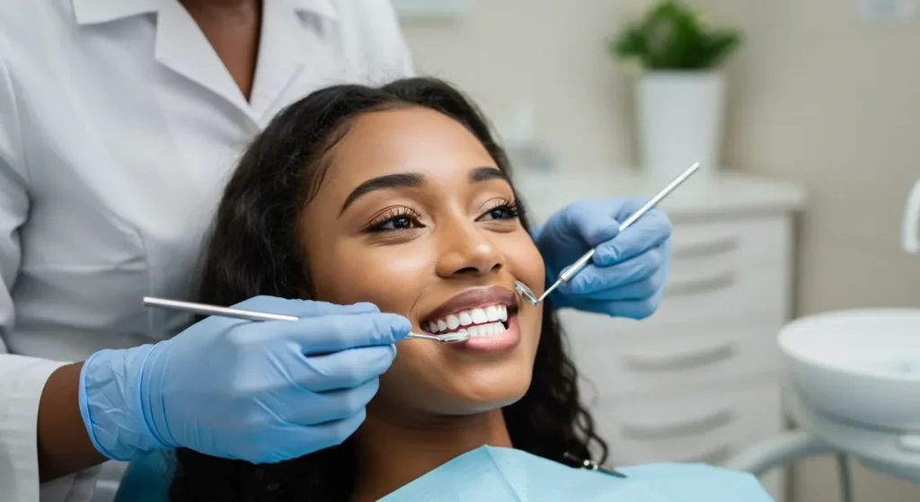 Happy Patient With Bright Smile During Dental Whitening In Lagos At Skintisfaction Clinic.