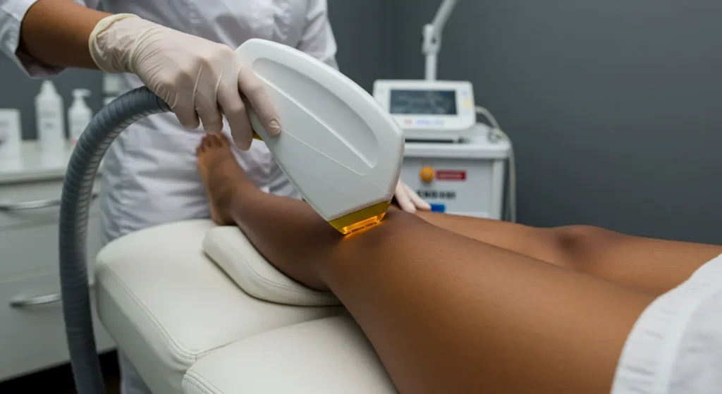 Professional Laser Hair Removal In Lagos On A Client’s Leg At Skintisfaction