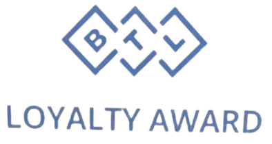 Loyalty Award Logo Featuring Geometric Shapes And Bold Text In Soft Blue For Trust And Commitment.