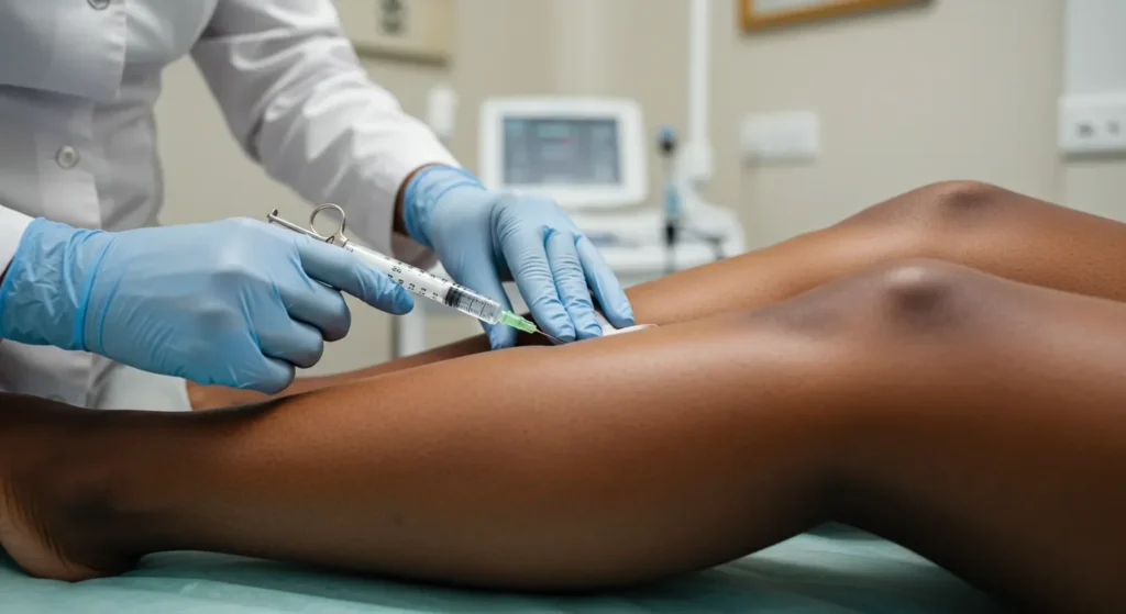Medical Professional Administering Sclerotherapy In Lagos In A Sterile Clinical Setting.