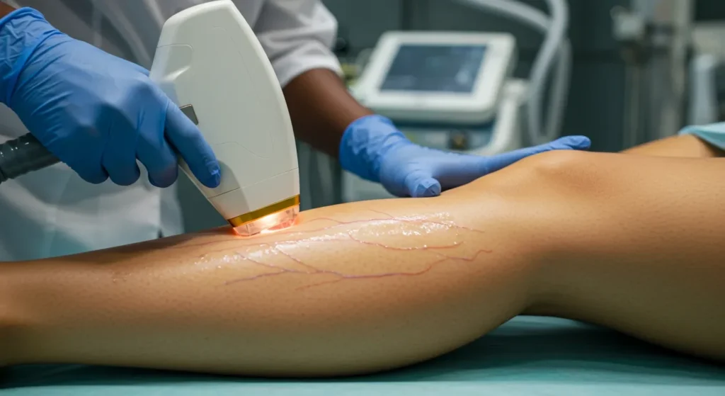 Laser Vein Treatment In Lagos On A Leg Using Professional Device In A Clinical Aesthetic Setting.