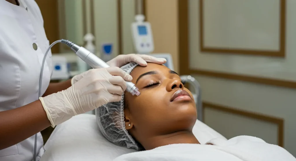 Woman Receiving A Modern Microneedling In Lagos For Skin Rejuvenation In A Clinical Skincare Treatment.