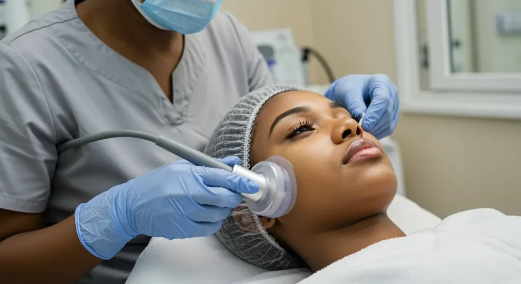 Young Woman Receiving Hydrafacial In Lagos With Gentle Treatment Device In A Relaxing Spa Setting.