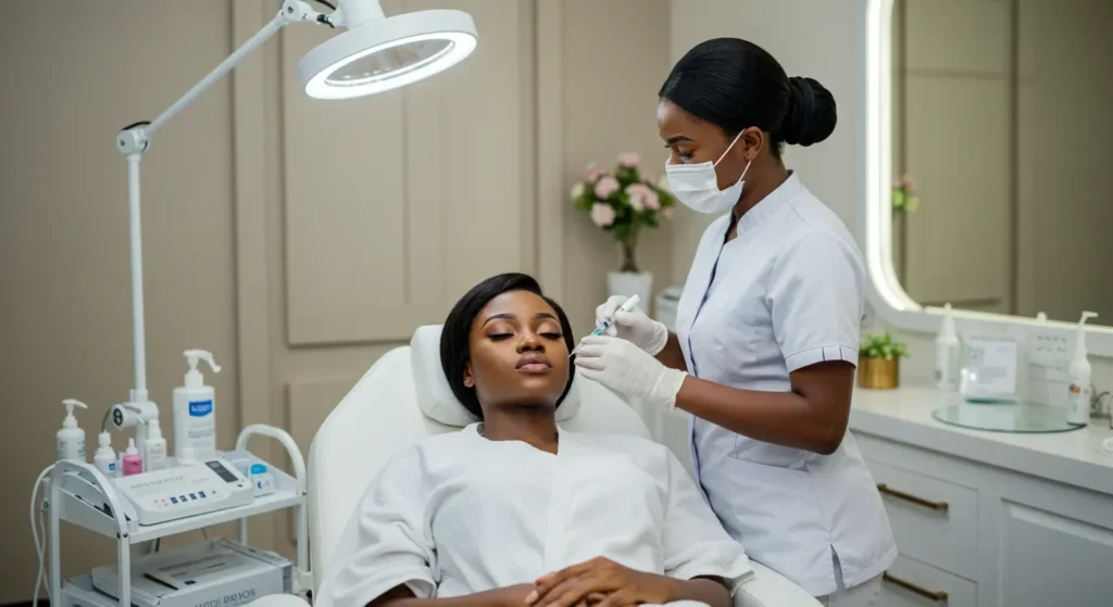 Dermal Fillers In Lagos With Professional Administering Cosmetic Injections To A Relaxed Patient.