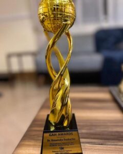Gah Award Trophy Honoring Dr. Uzoamaka Iloabachie For Humanitarian Efforts In Aesthetic Dermatology 2022.