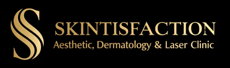 Luxury skincare logo for Skintisfaction aesthetic dermatology and laser clinic with gold and modern design.