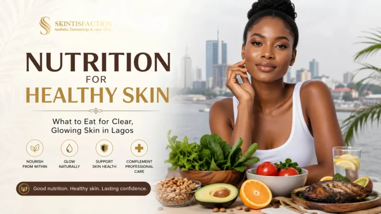 Nutrition For Healthy Skin At Skintisfaction Clinic With Woman And Fresh Foods.