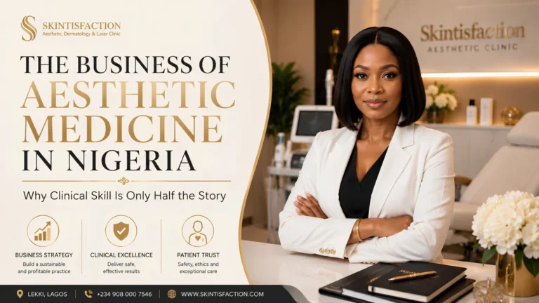 Skintisfaction Aesthetic Medicine Clinic Banner In Nigeria With Expert Branding And Luxury Reception.