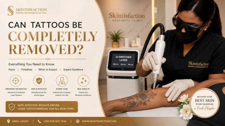 Can Tattoos Be Completely Removed? Skintisfaction Laser Tattoo Removal Ad With Practitioner Treating Arm.
