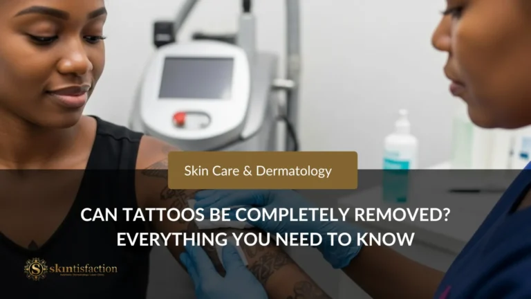 Can Tattoos Be Completely Removed? Dermatology clinic consultation for tattoo removal with a confident woman and professional attending to her arm.