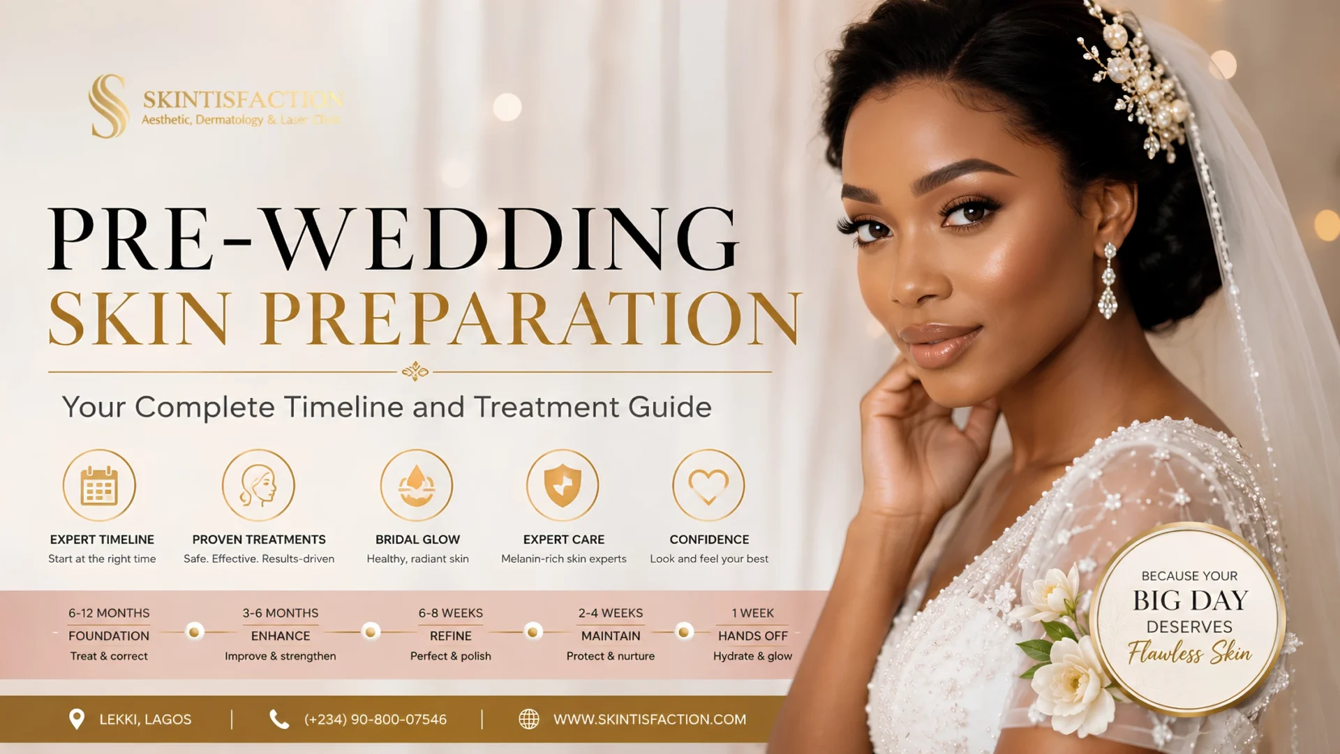 Pre-Wedding Skin Preparation Bridal Guide With Timeline And Glowing Bride Portrait.