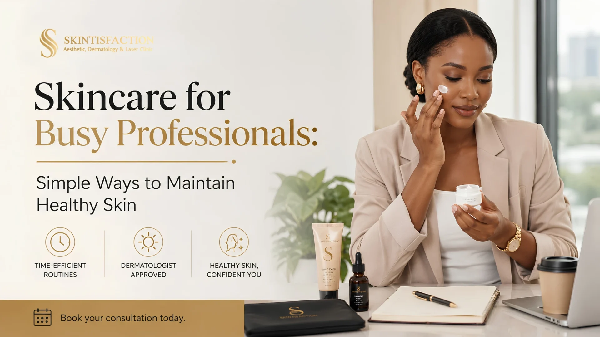 Skincare For Busy Professionals With Dermatologist-Approved Routine And Consultation Booking Banner.
