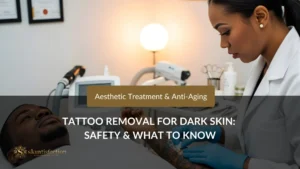 Aesthetic professional performing tattoo removal for dark skin, focusing on safety and anti-aging treatments.