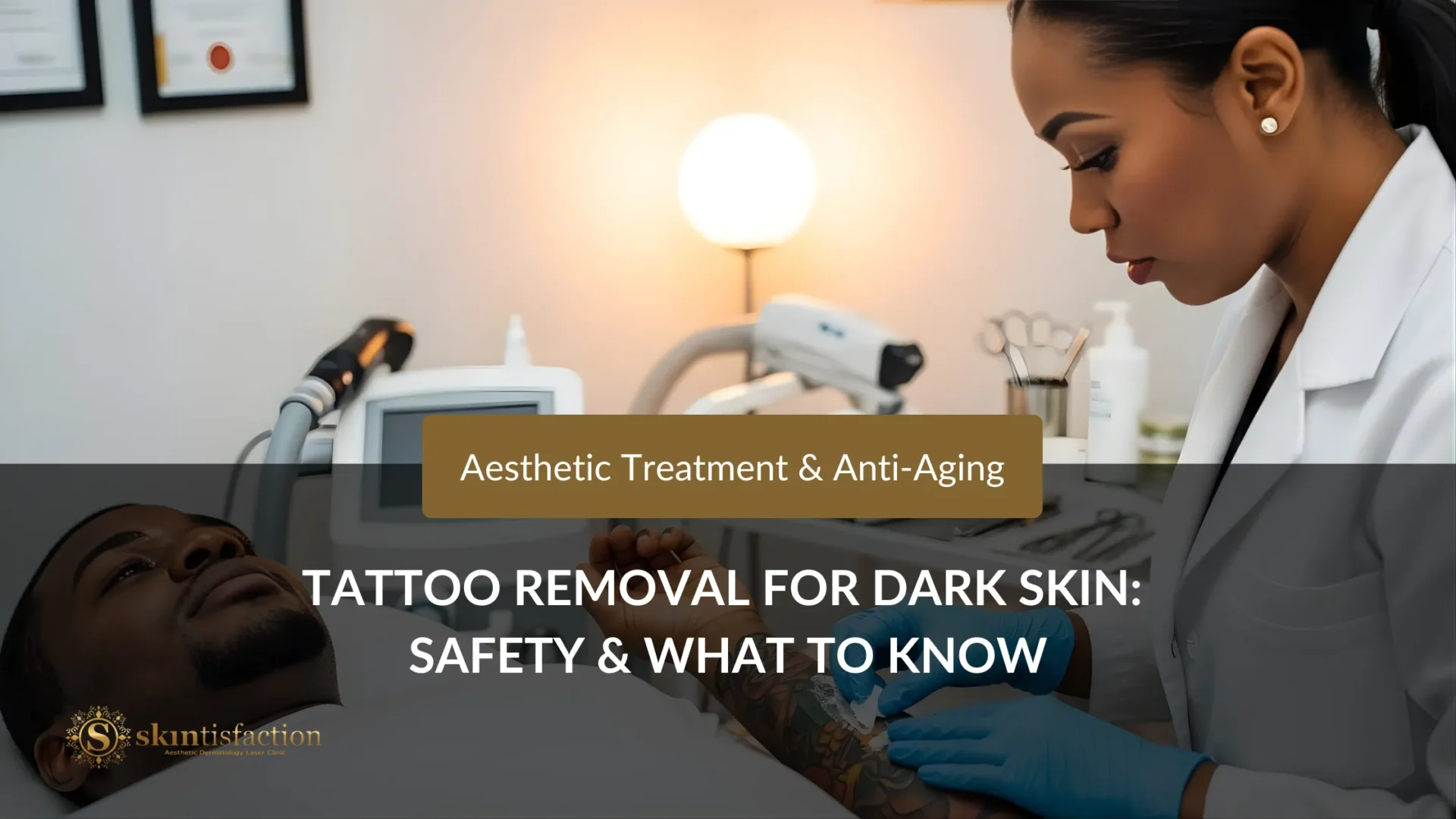 Aesthetic Professional Performing Tattoo Removal For Dark Skin, Focusing On Safety And Anti-Aging Treatments.