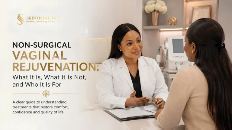 Non-Surgical Vaginal Rejuvenation clinic consultation with doctor and patient.
