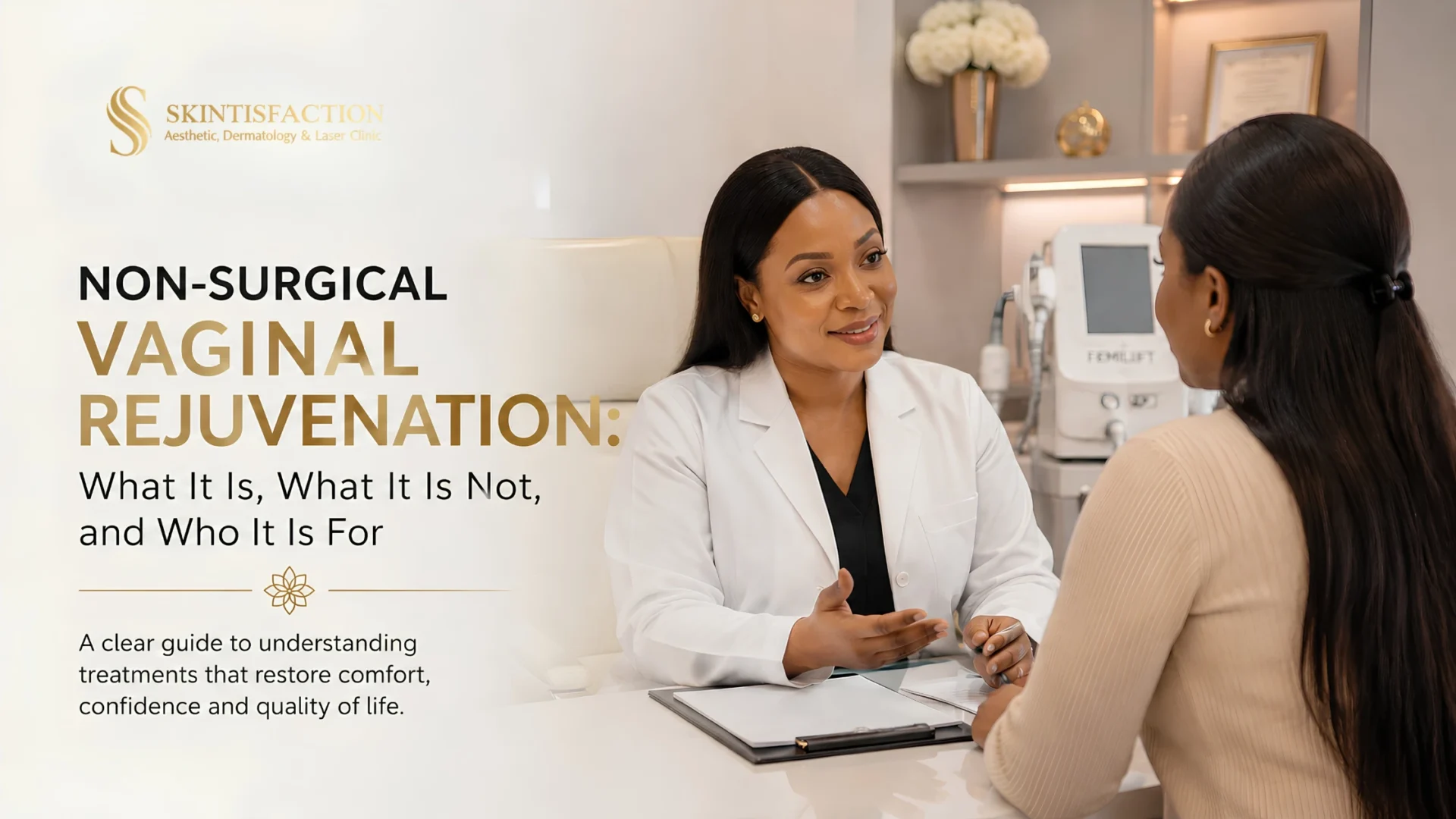 Non-Surgical Vaginal Rejuvenation Clinic Consultation With Doctor And Patient.
