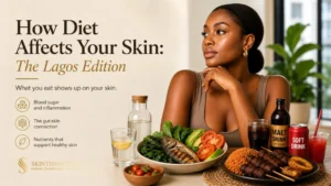 How Diet Affects Your Skin in Lagos, with healthy foods and drinks.