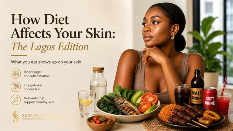 How Diet Affects Your Skin in Lagos, with healthy foods and drinks.