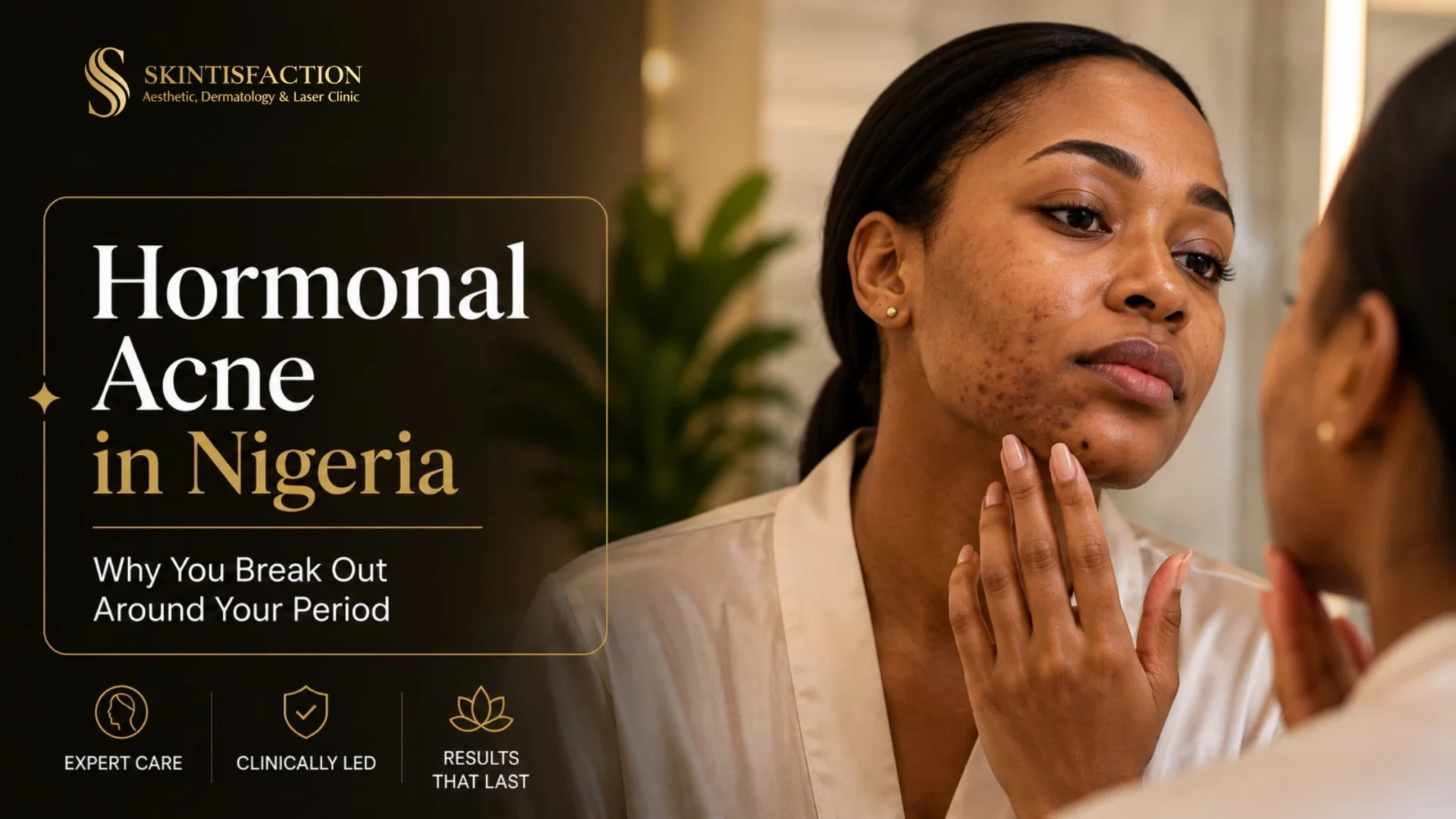 Hormonal Acne In Nigeria Clinic Banner Showing A Woman Examining Breakouts.