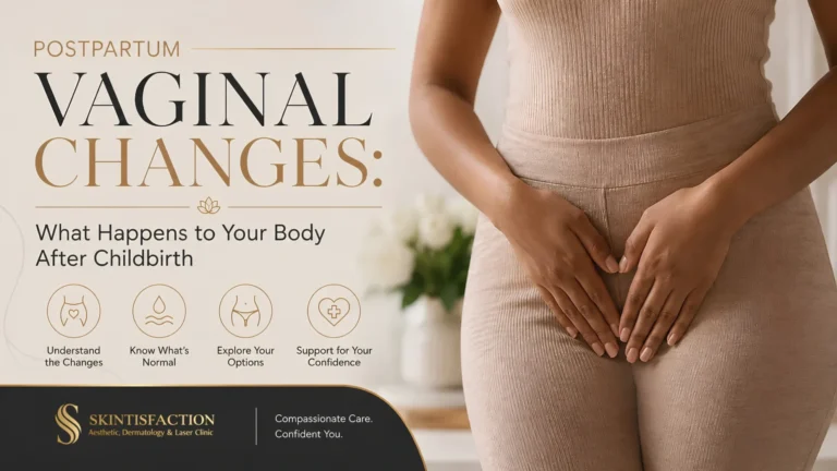 Postpartum vaginal changes clinic promo with woman holding abdomen and wellness icons.