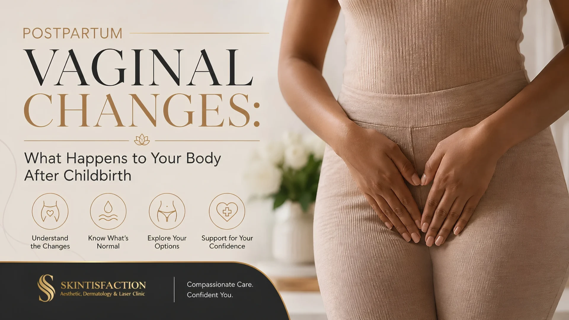 Postpartum Vaginal Changes Clinic Promo With Woman Holding Abdomen And Wellness Icons.
