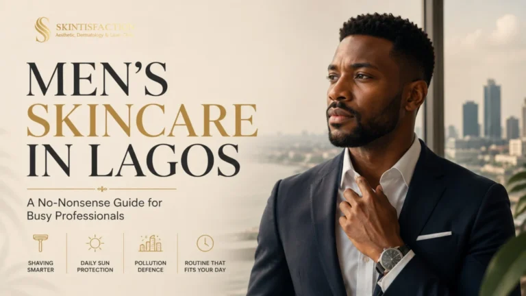 Mens skincare in Lagos, featuring a stylish professional and premium aesthetic clinic branding.