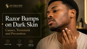 Razor bumps on dark skin treatment graphic with Black man showing neck irritation.