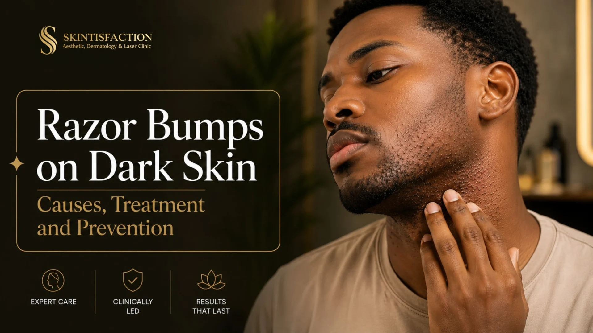 Razor Bumps On Dark Skin Treatment Graphic With Black Man Showing Neck Irritation.