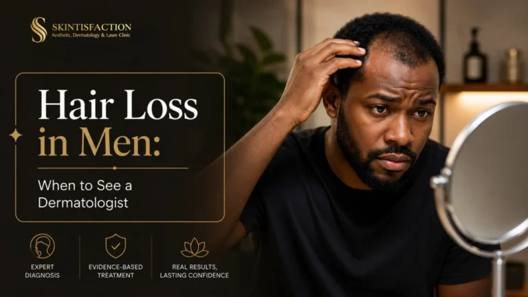 Hair loss in men dermatology clinic promo with concerned man checking thinning hair.