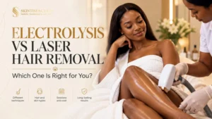 Electrolysis vs laser hair removal guide with clinic treatment scene and comparison text.