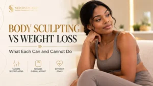 Body sculpting vs weight loss guide with clinic branding and wellness portrait.