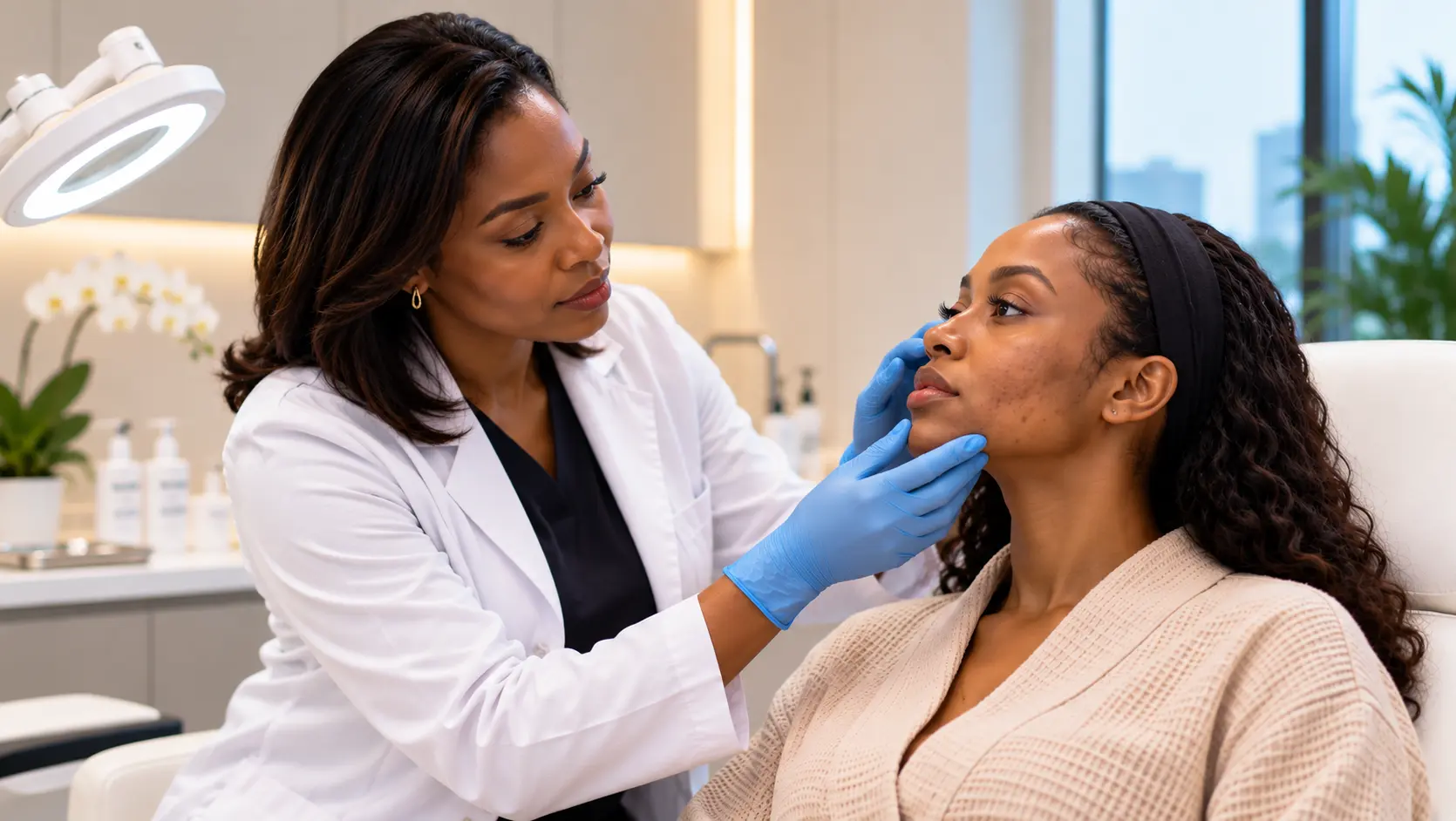 Clinical Dermatology consultation with doctor examining patient’s face.
