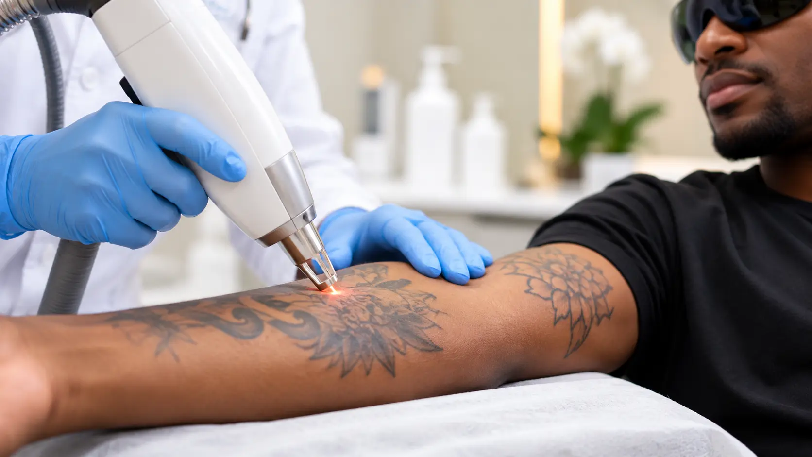 Patient wearing eye protection during laser tattoo removal on the arm at a clinic in Lagos