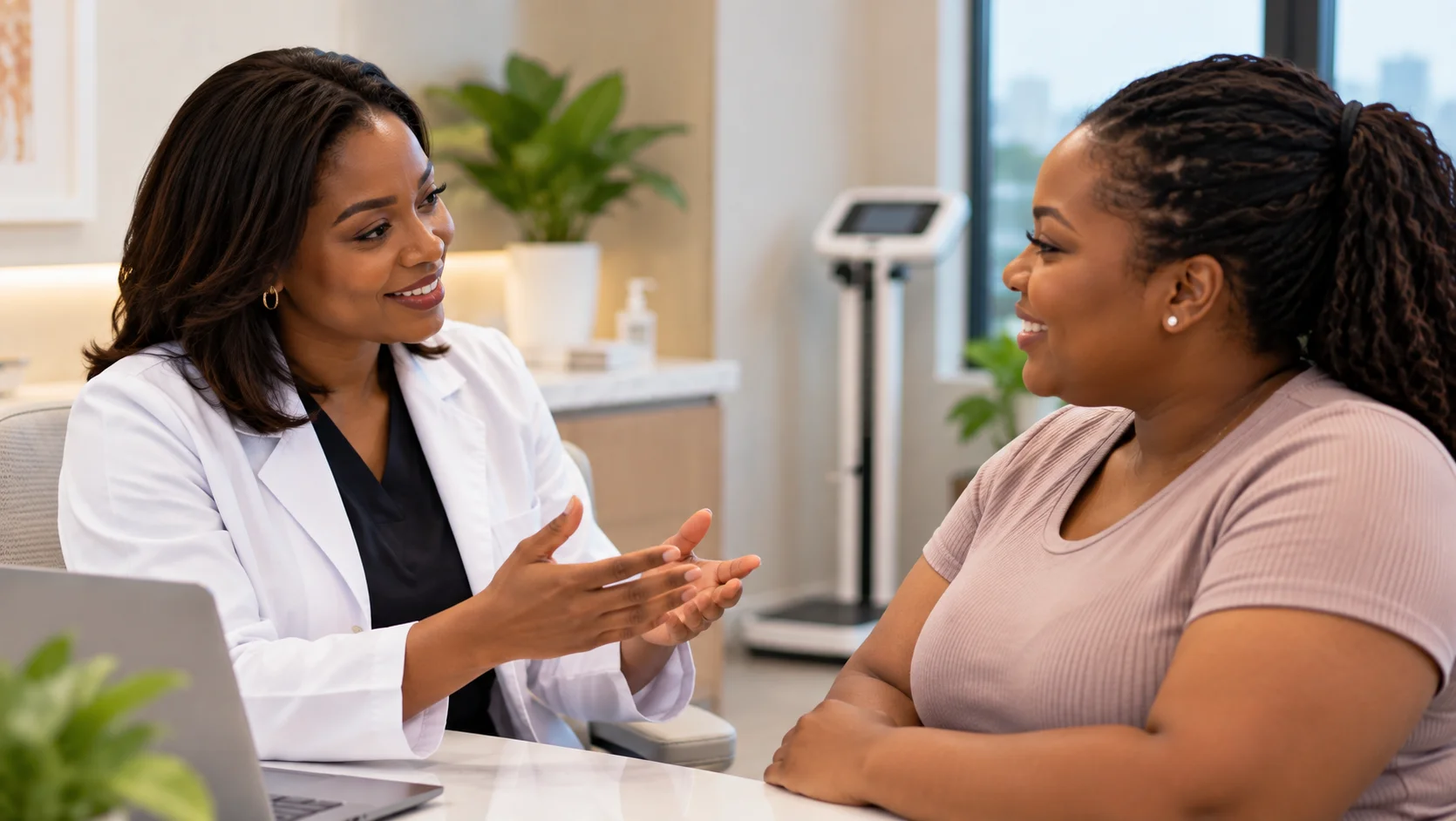 Doctor and patient in a medical weight loss consultation.