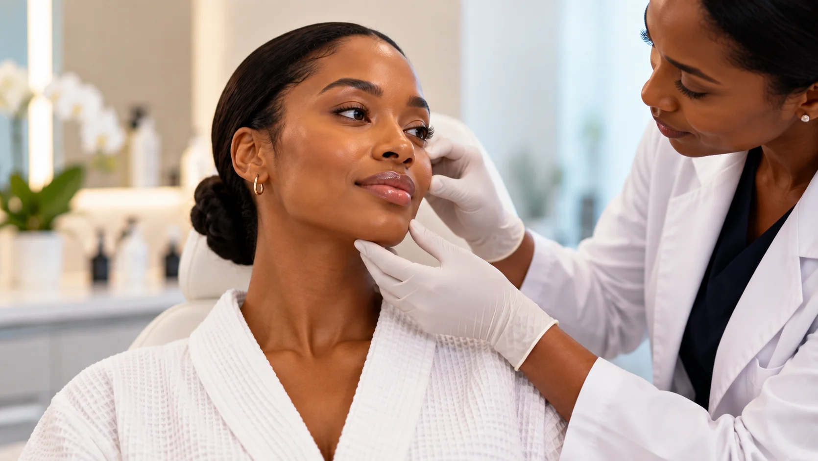 Dermal fillers consultation with a clinician assessing a patient's face
