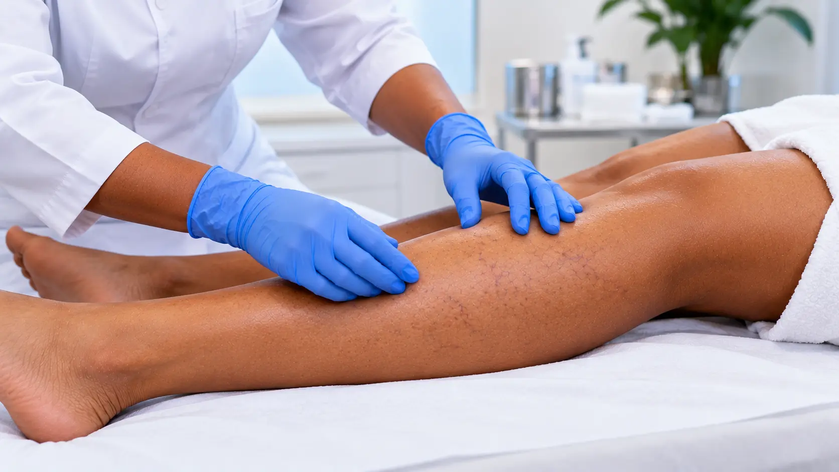 Healthcare professional performing sclerotherapy on a patient's leg at Skintisfaction in Lagos