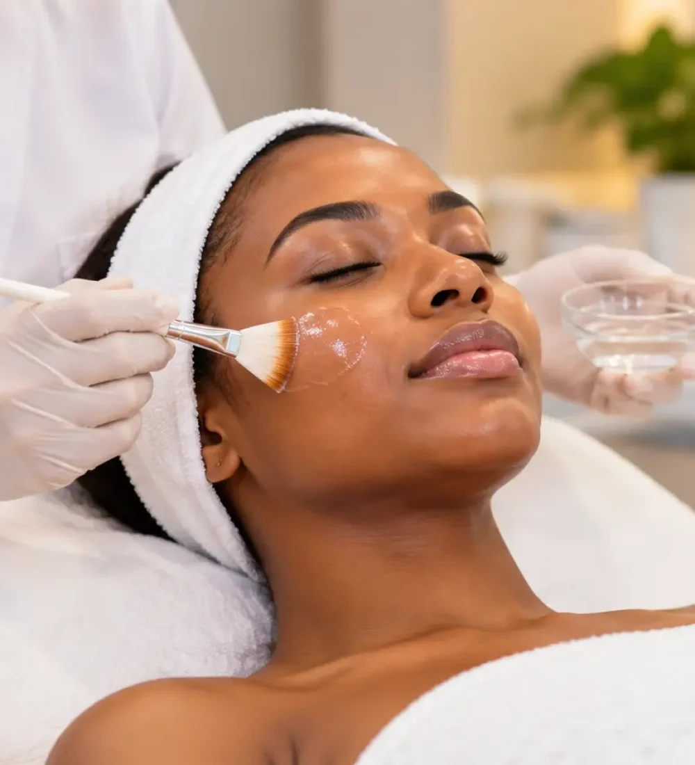 Client having a chemical peel applied to the face at a clinic in Lagos