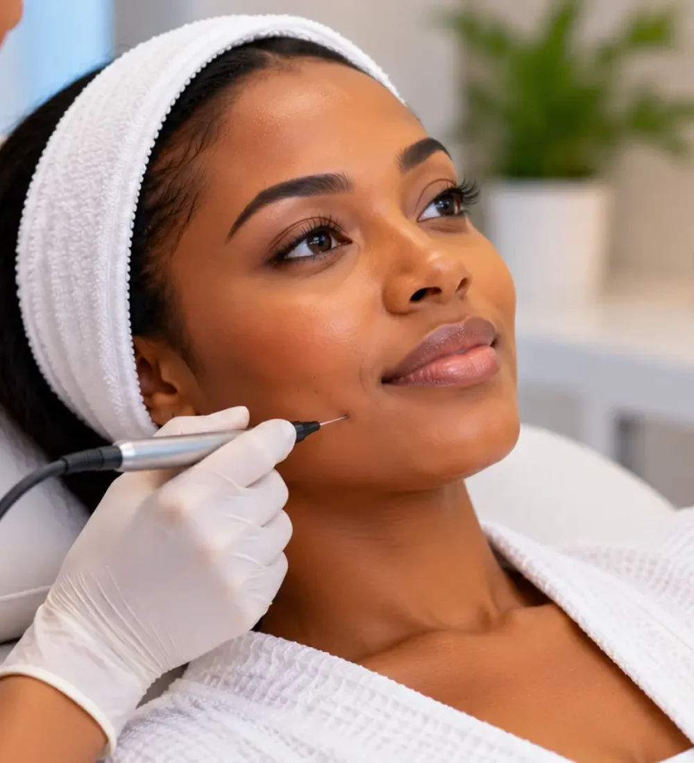 Client receiving a facial electrolysis treatment at Skintisfaction in Lagos