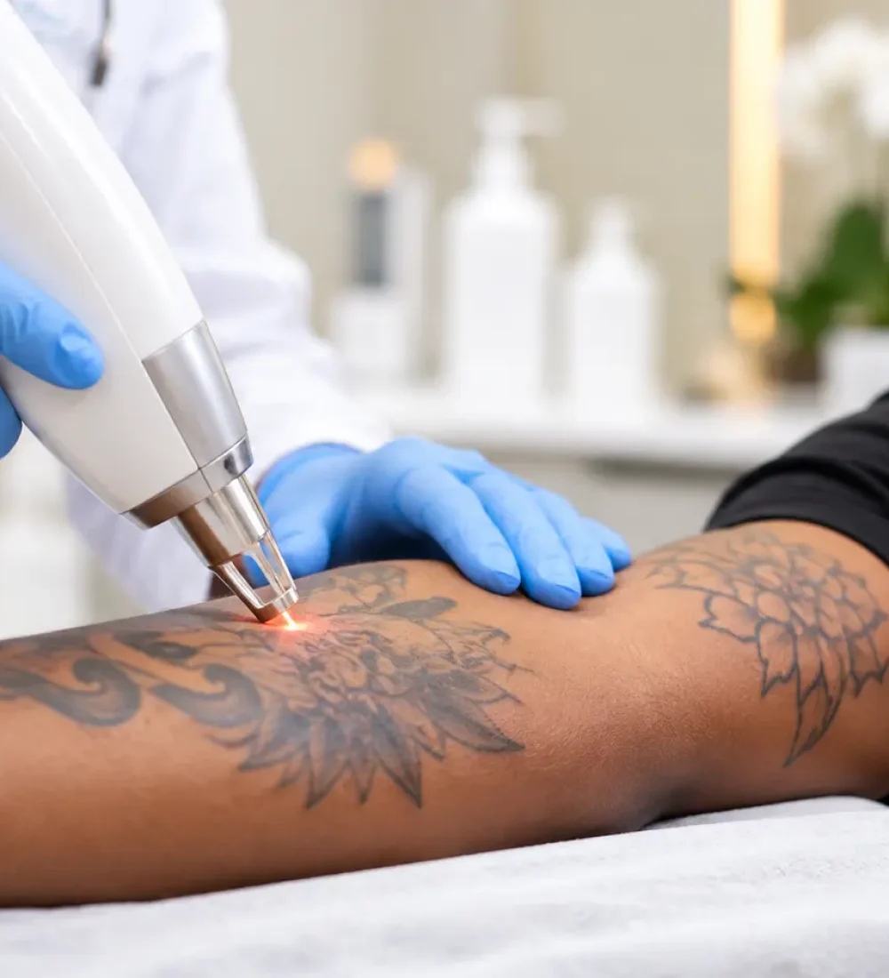 Patient wearing eye protection during laser tattoo removal on the arm at a clinic in Lagos