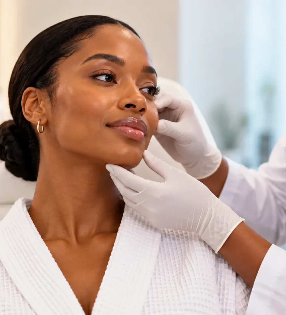 Clinician assessing a patient's face during a dermal fillers consultation in Lagos