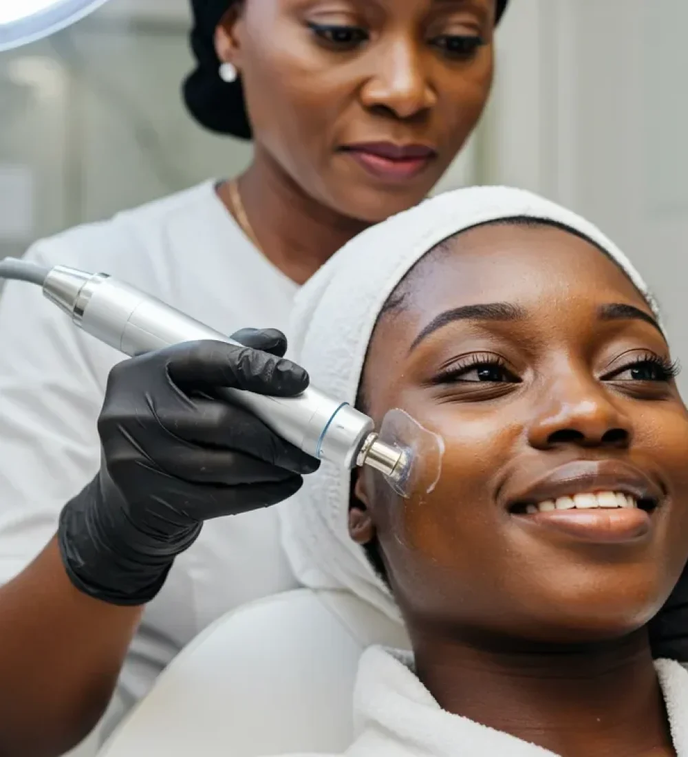 Experienced Skincare Specialist Performing Facial Treatment In Modern Clinic Microdermabrasion In Lagos Treatment Using Advanced Technology In A Modern, Relaxing Clinic Setting.
